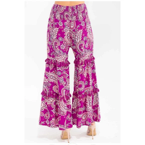 WOMEN'S SMOCK WAIST PAISLEY PRINT TIERED WIDE LEG PALAZZO PANTS - Picture 4 of 5
